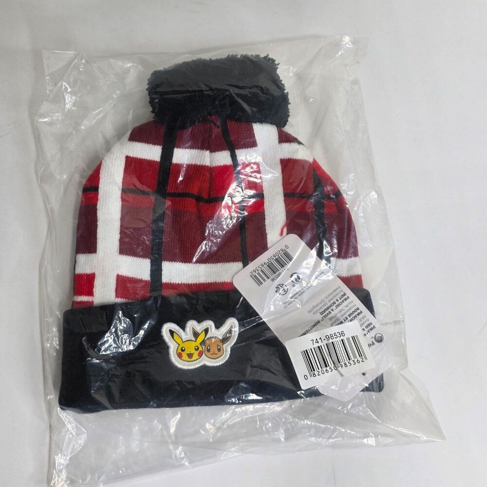Pokémon Center Pikachu & Eevee Red Black Plaid Knit Beanie One Size Adult - NEW